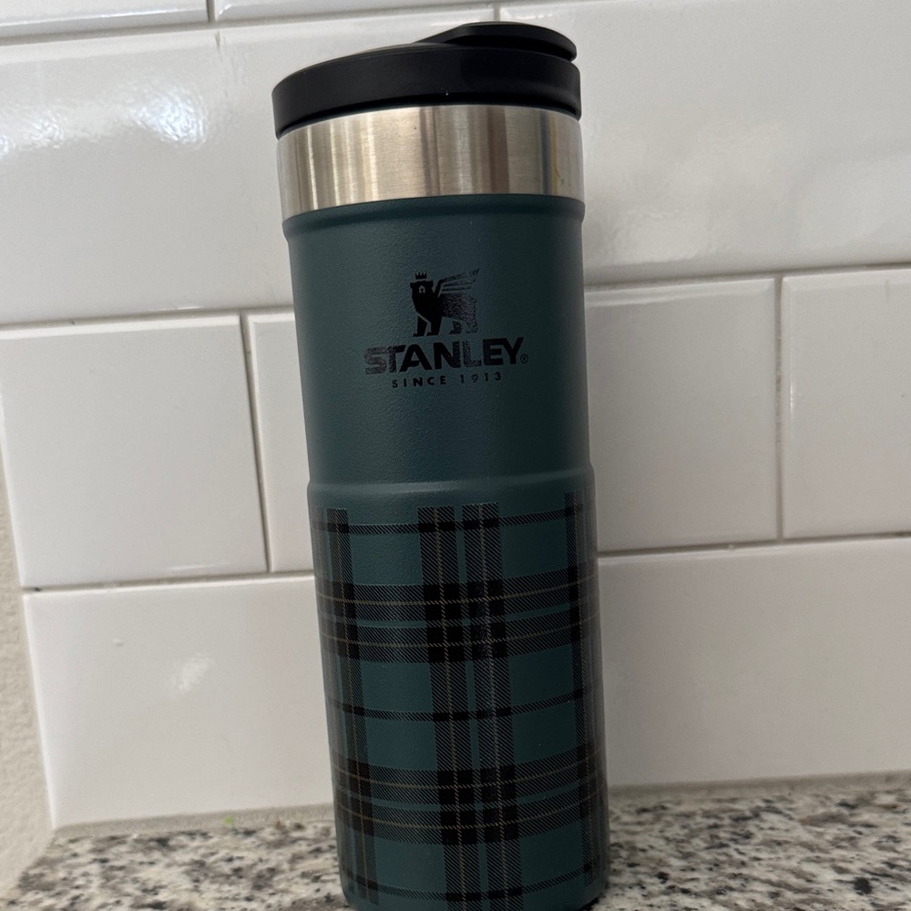 Stanley Teal and Black Plaid Travel Mug
